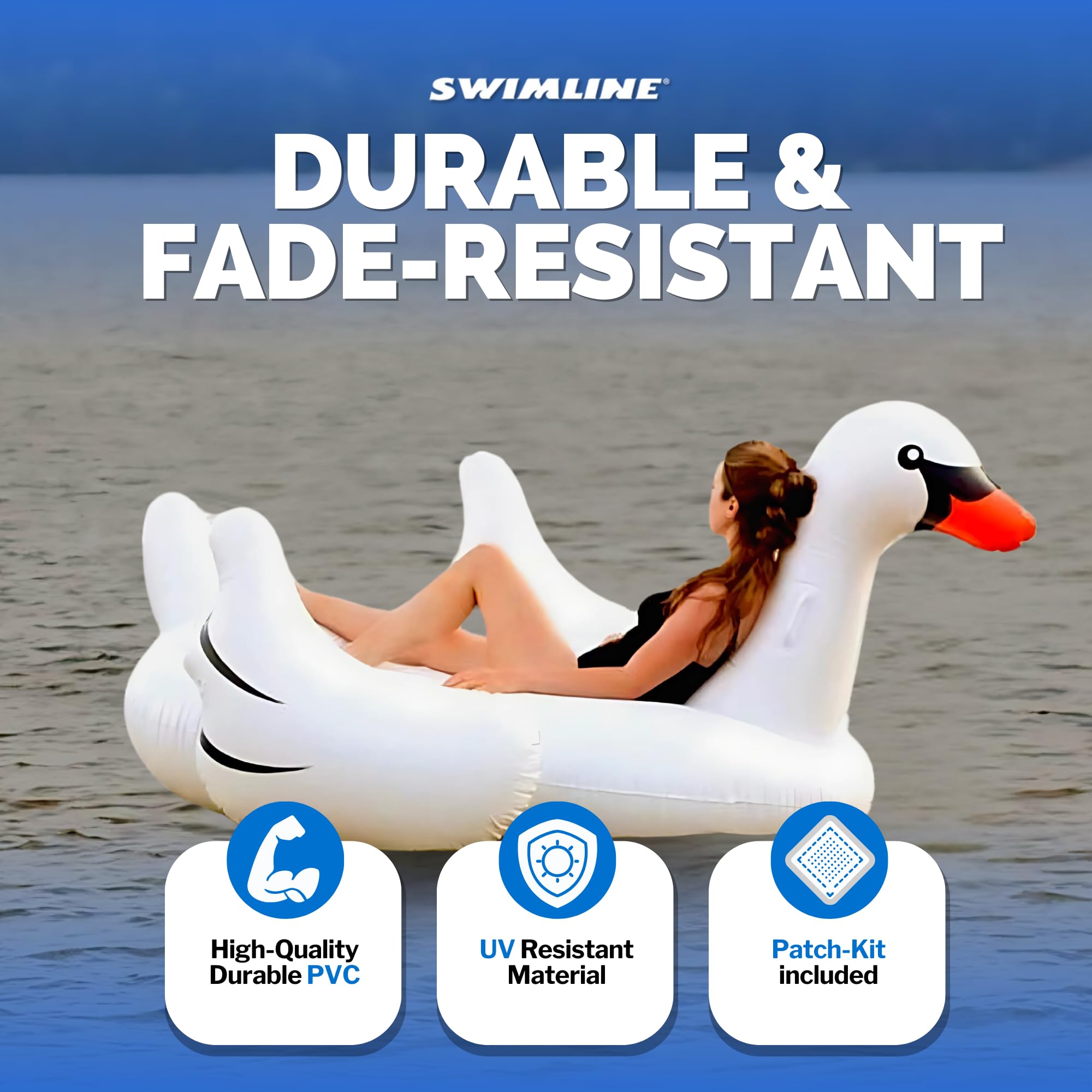 SWIMLINE ORIGINAL 90621 Giant Inflatable Swan Pool Float Floatie Ride-On Lounge W/ Stable Legs Wings Large Rideable Blow Up Summer Beach Swimming Party Lounge Big Raft Tube Decoration Toys Kids Adults