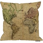 HGOD DESIGNS Cotton Linen Decorative Throw Pillow Case Cushion Cover Vintage Map of The World 18" X 18"