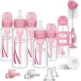 Dr. Brown's Anti-Colic Options+ Narrow and Sippy Straw Bottle Gift Set, 0m+ | Pink 4 oz bottles, 8 oz bottles, sippy straw bottle, Level 1 and 2 nipples, HappyPaci, bottle brush, and storage caps