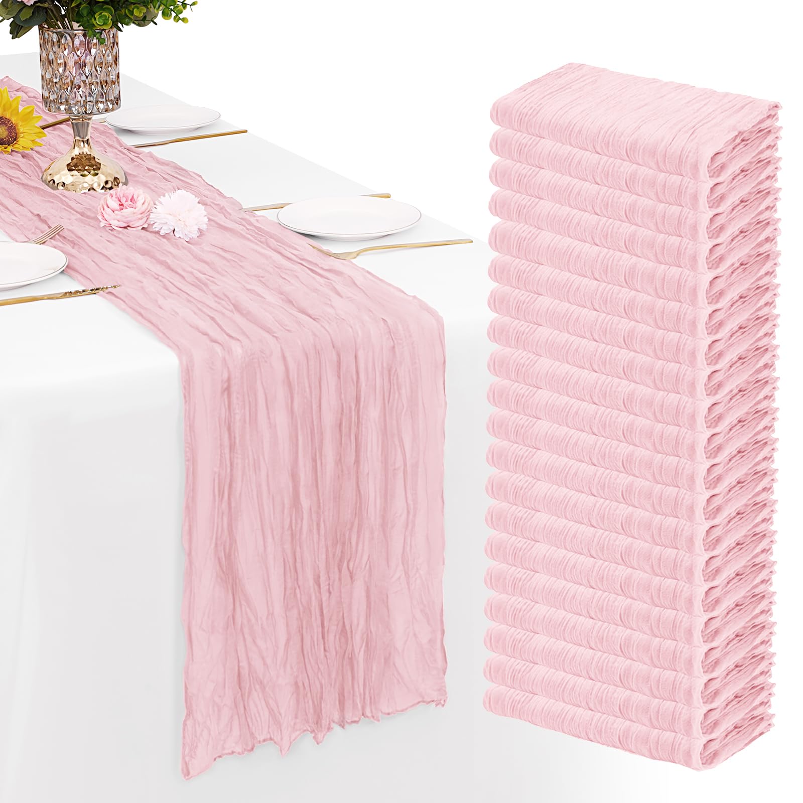 Photo 1 of 20 Pack Light Pink Cheesecloth Table Runner Gauze Rustic Sheer 35 x 70 inch Pink Cheese Cloth Table Runners for Wedding Party Bridal Shower Decor