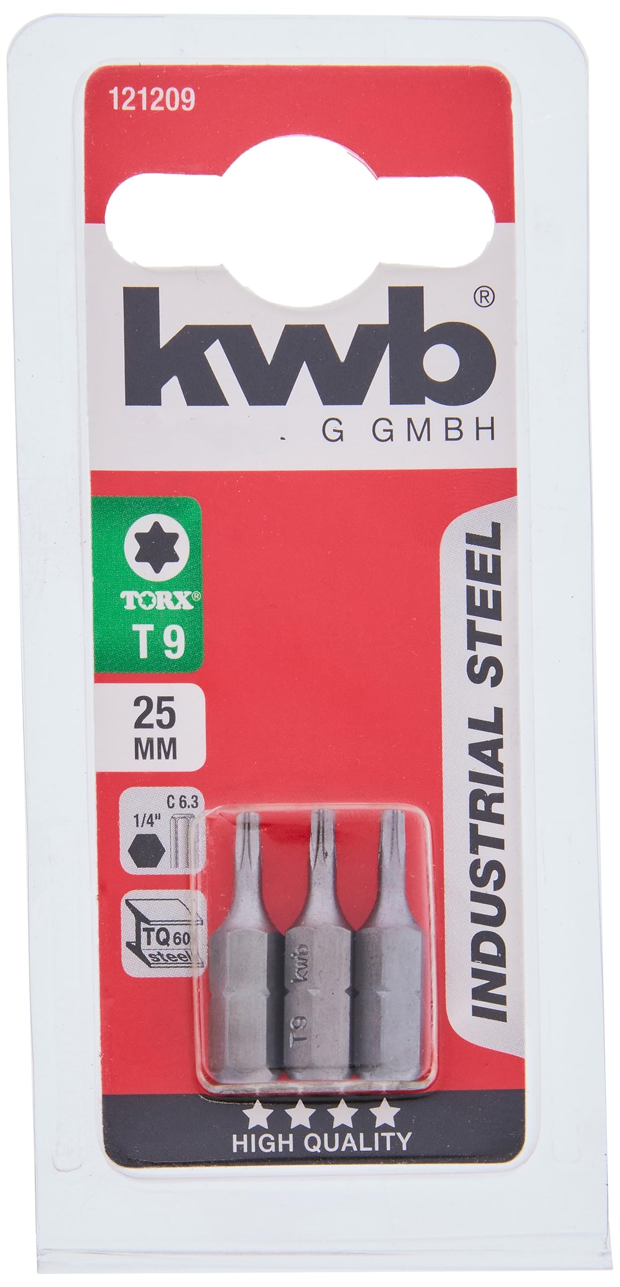 kwb 3 x 25mm TORX 9 Industrial Steel Bits for Reliable Fastening, TQ60 Steel, C 6.3 Drive
