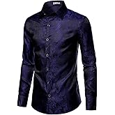 ZEROYAA Men's Paisley Jacquard Slim Fit Long Sleeve Button Up Dress Shirt for Party Prom