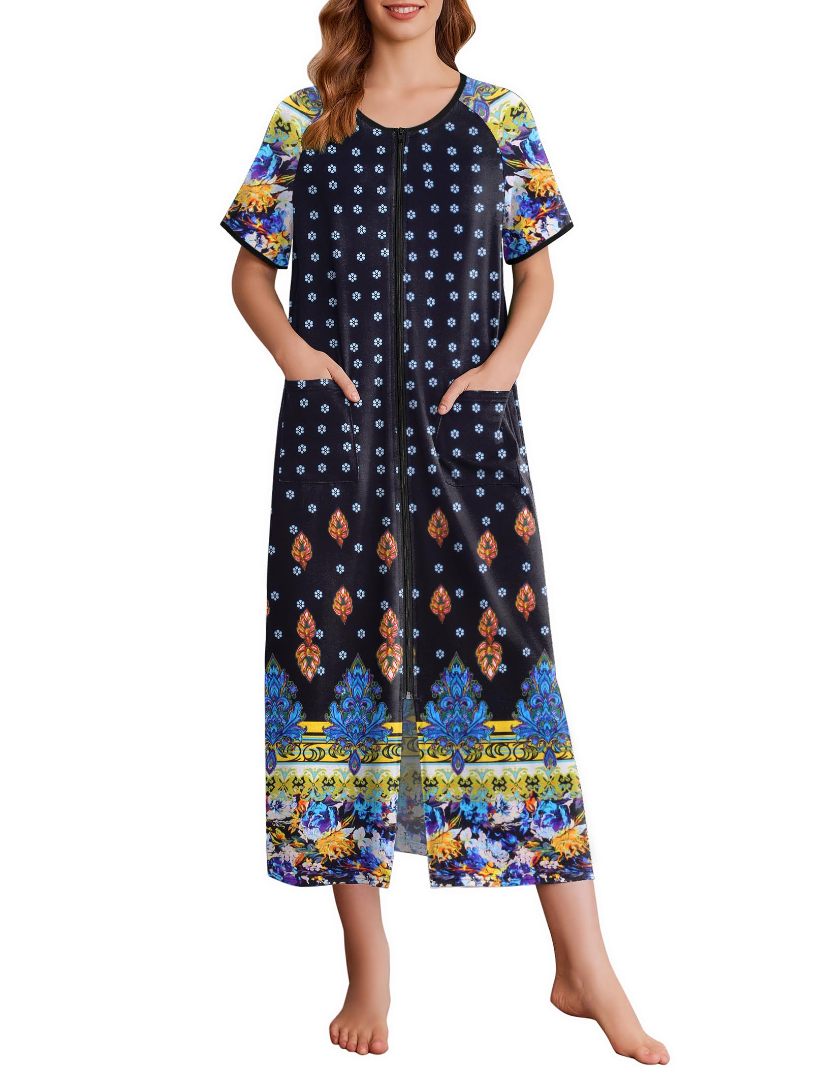 Photo 1 of ***USED***Ekouaer Women's Zipper Robes Full Length Short Sleeve Housecoats House Dress with Pockets Loungewear Nightgown Blue Flower,3XL