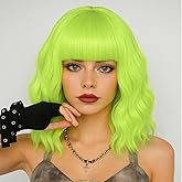 FILMIA Lime Green Wig for Women Light Green Wig Neon Green with Bangs Short Wavy Synthetic Heat Resistant 14 Inch, 22.5-23.6 Inch Circumference for Cosplay Party Costume Fun Daily Wear