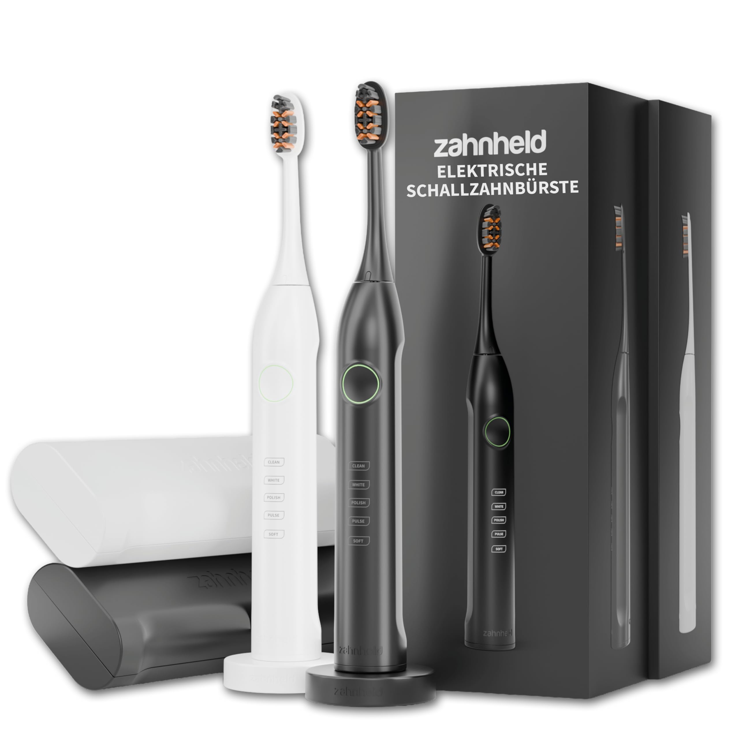 ZAHNHELD® Doppelpack, 2x elektrische Schallzahnbürsten GERO G3, inkl. 2x Bürstenköpfe & 2x Reiseetuis | Für eine sanfte & effektive Reinigung