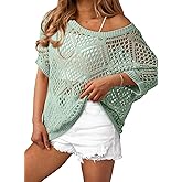 Dokotoo Women's Crochet Cover Up Tops Summer Short Sleeve Off Shoulder Sweater Shirts Beach Swimsuit Coverup