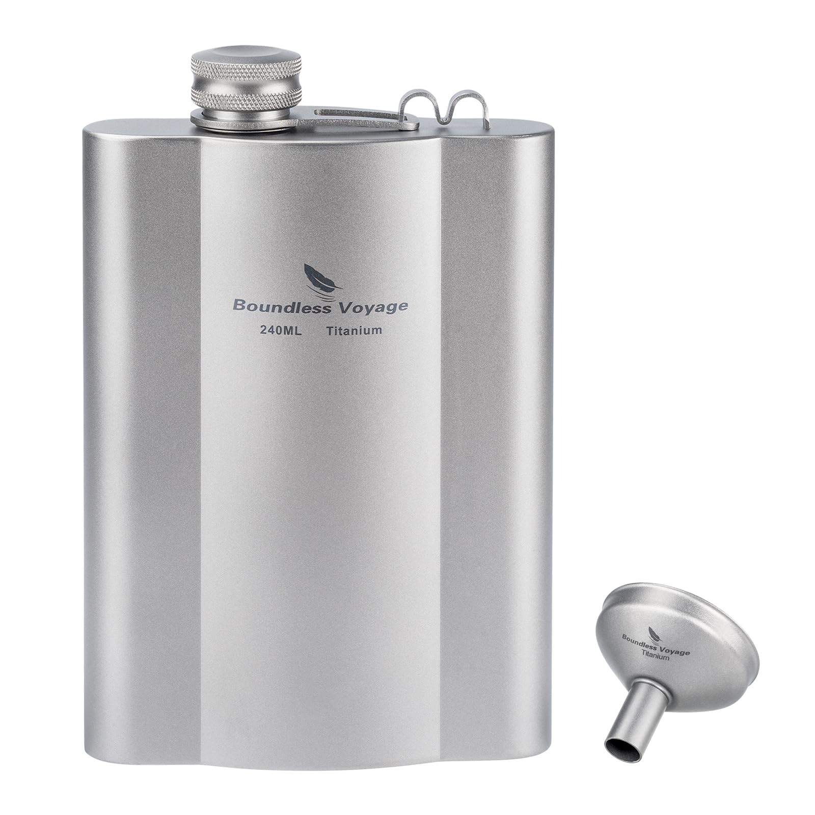 iBasingo Titanium Hip Flask Ultralight Small Liquor Flask Outdoor Portable Travel Whiskey Vodka Wine Bottle Pocket Drinking Pot with Funnel (240ml Silver Flask Ti3073D)