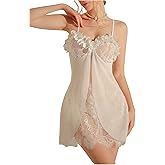OYOANGLE Women's 2 Piece Babydoll Lingerie Floral Appliques Lace Sheer Chemise with Thongs Boudoir Outfits