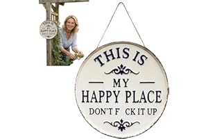 "This Is My Happy Place" Funny Garden Metal Sign - Vintage Round Wall Decor for Home, Garden, Farm, Bar or Coffee Wall, Rusti
