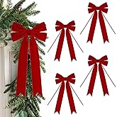 Christmas Bows for Gift Wrapping 8 X 14 Inch Long Velvet Ribbon Bows for Tree Wreath, Garland, Fireplace, Stairs, Mirror, Door, Holiday Crafts Decor, Pack of 4 (Red)