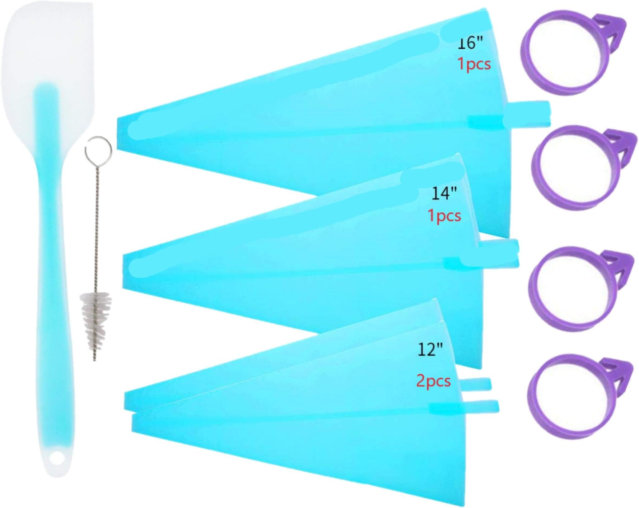 Silicone Reusable Pastry Bag Set (13pc) 4pc Reusable Silicone Pastry bags,3pc Disposable Icing Bags,1Silicone Spatula,4pc Icing Bag Ties,1 Tips Cleaning Brush-Cake Decorating Kit Set, All in One Pack