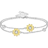YAFEINI Sunflower Bracelet 925 Sterling Silver Layered Charm Bracelet Sunflower Jewelry for Women