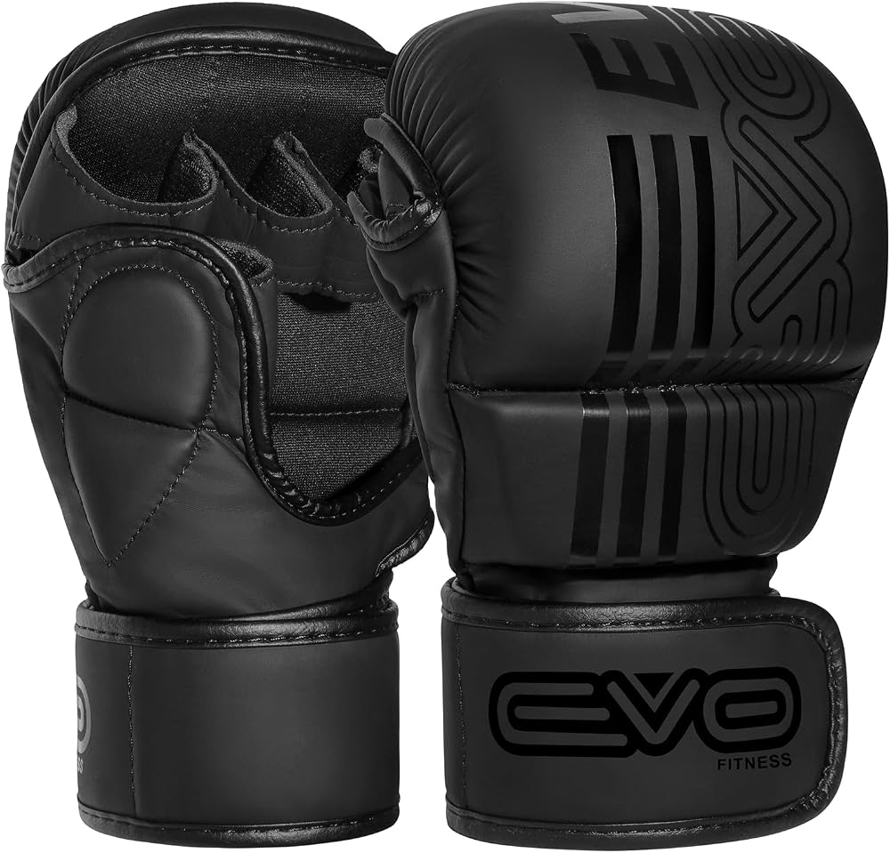 EVO Fitness MMA Gloves Leather Sparring Muay Thai Grappling Large Black
