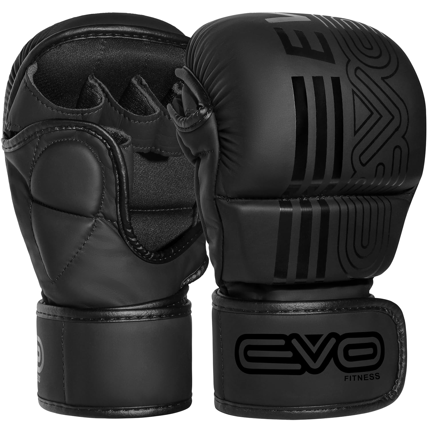 EVO Fitness MMA Gloves Men Women Leather Sparring Karate Grappling Muay Thai Gloves Martial Arts Training UFC Cage Fighting Gloves Boxing Combat Sports Punching Mitts Kickboxing (All Black, Small)
