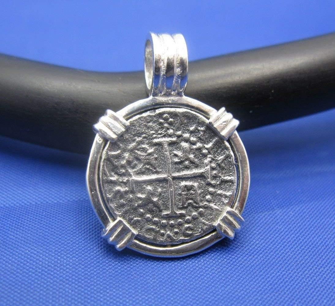 Sterling Silver Small Atocha Shipwreck Coin Replica in Custom Pendant Bezel with Barrel Bail