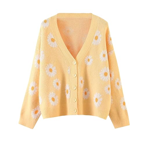 Women Y2K Floral Print Knit Cardigan Sweater Long Sleeve V Neck
