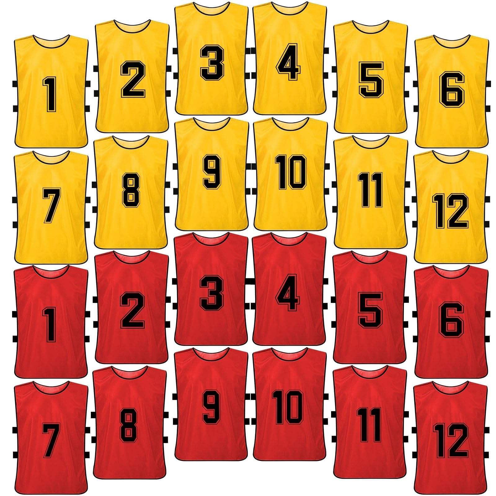 24 Pack Football Bibs for Adult, Sports Training Mesh Bibs, Youth Team Numbered Practice Vest Pennies for Soccer Basketball Football Volleyball - Red & Yellow
