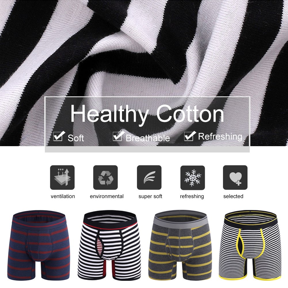 Men\'s Boxer Briefs Pack of 4 No Ride Up Boxer Brief Cotton Underwear Open Fly-S,Stripe T4