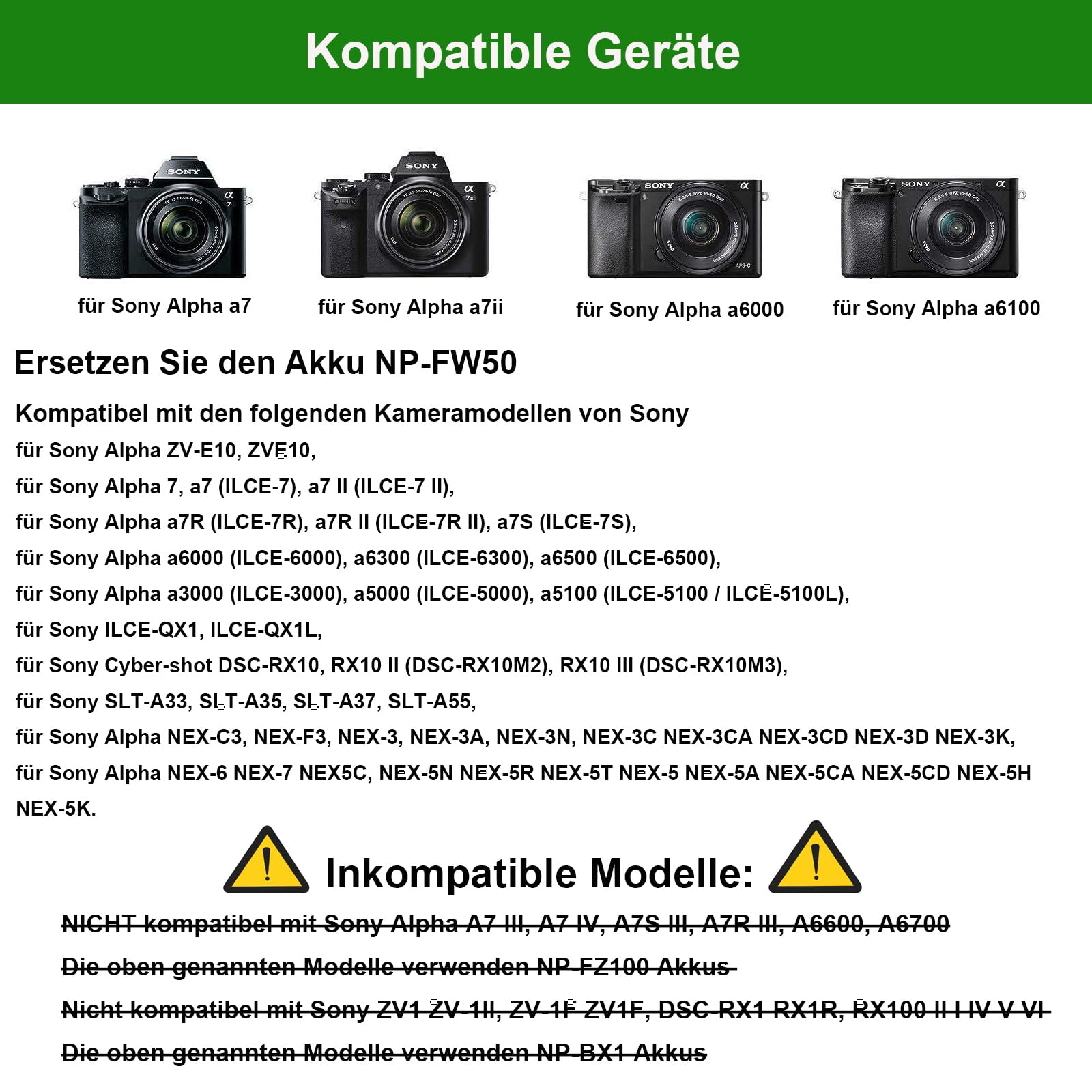 Gonine AC-PW20 Netzteil NP-FW50 Dummy Akku Kit für Sony Alpha ZV-E10 A7 A7R A7S A7II A7RII A7SII A6500 A6400 A6300 A6100 A6000 A5100 A5000 RX10 II III IV NEX-3 NEX-5 NEX-7 2