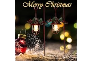 HUYIENO 2Pack Solar Christmas Metal Hanging Lanterns with Shepherd Hook Outdoor Led Garden for Christmas Decorations