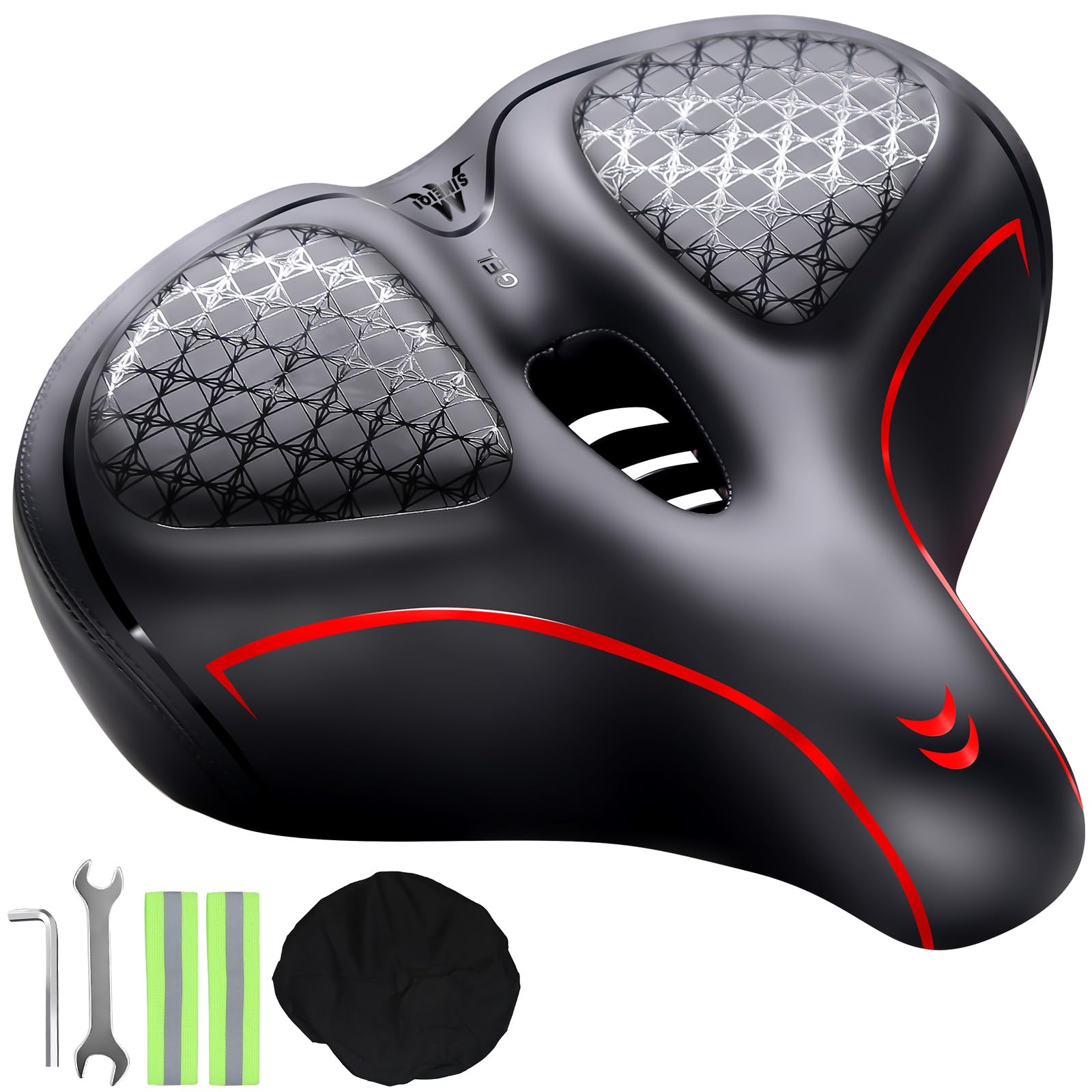 Comfortable Oversized Bike Seat Cushion Compatible with Peloton Bike,Road Bike City Bike and Exercise Bikes for Men & Women (Red)