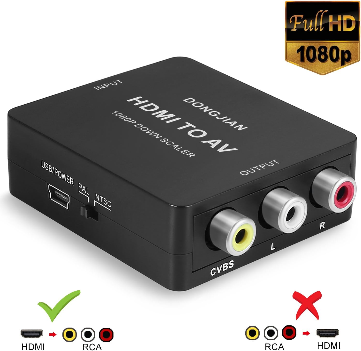 DONGJIAN HDMI to RCA Converter 1080P HDMI to AV 3RCA CVBs Composite Video Audio Adapter Supporting PAL/NTSC with USB Charge Cable for Laptop HDTV DVD-Black