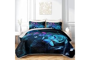 AILONEN Blue Rose Butterfly Quilt Set King Size, Starry Ocean Floral Bedspread Coverlet Soft Lightweight,Romantic Flower Bedd