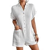 Bsubseach Womens Rompers For Summer 2026 Shorts Jumpsuit Short Sleeve Button Down Romper With Pockets Beach Vacation Outfits