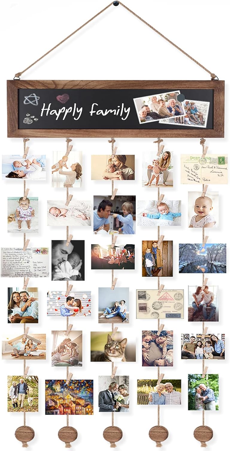 Photo Albums, Frames & Accessories - Bikoney Picture Frames Collage Photo Hanging Display Picture Board Wood Rustic Frames for Wall Decor and Dorm Room Decor with Blackboard and 30 Clips Carbonized Black