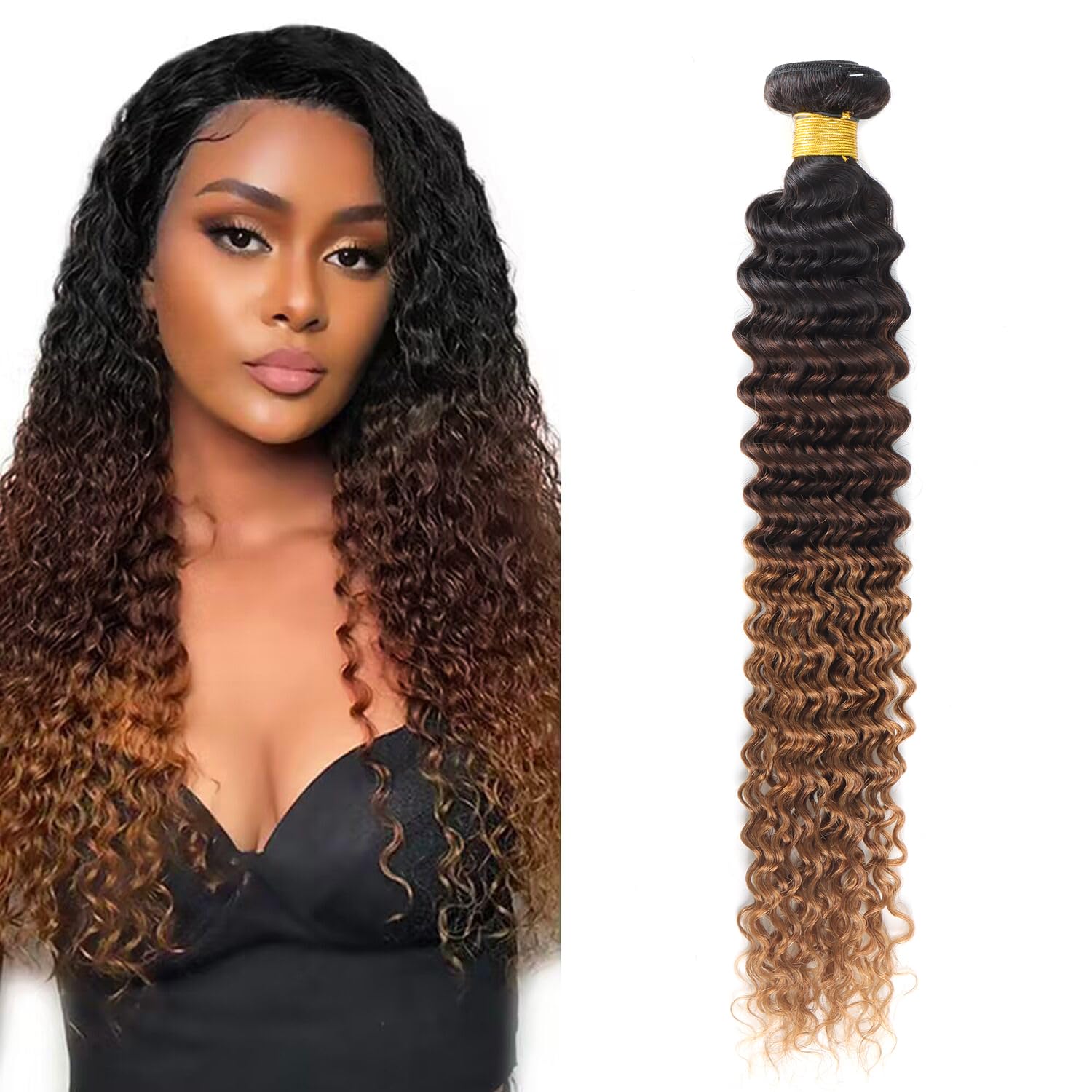 Datanala Ombre Human Hair Bundles Brazilian Virgin 12A Grade 100% Unprocessed Deep Wave Bundles Human Hair Extension For Women(18Inch Deep Wave 1 Bundle) — image 1