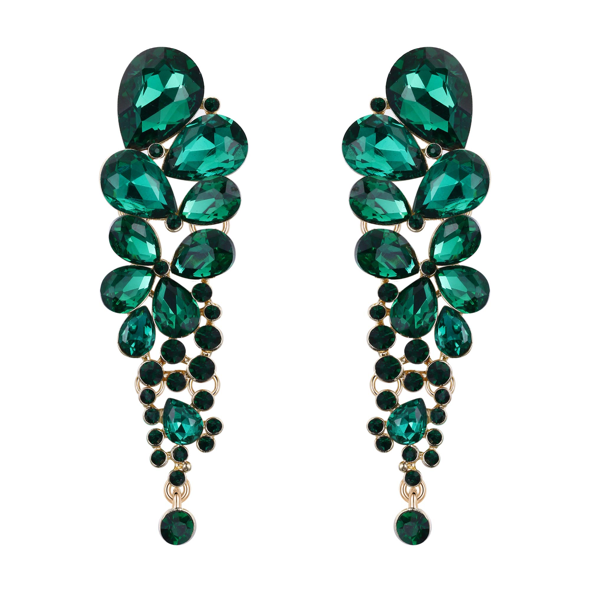 EVER FAITH Green Clip-on Earrings for Women, Sparkly Rhinestone Crystal Teardrop Clip Earring Non Piercing Earring for Non Pierced Ears Wedding Jewellery for Brides Bridesmaid Gold-Tone