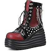 Lyrisiphy Women's Gothic Ankle Boots Black Platform Combat Boots with Punk Chains & Studs Lace Up Wedge Boots for Womens Rave Festivals Halloween