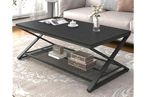 LVB Black Coffee Table, Wood Metal 2 Tier Center Tables with Storage Shelf, Modern Rectangular Concrete Tea Table for Living Room, Wooden Middle Cocktail Table for Office Bedroom, 47 inch, Black Oak