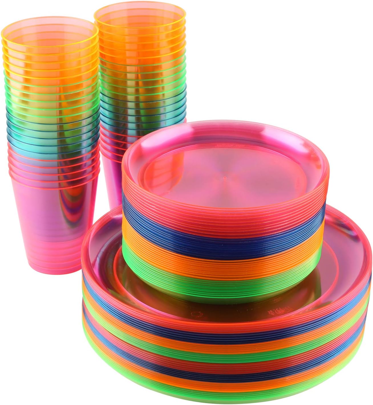 Disposable Neon Party Essentials- Plates + Cups Set| 40 Pack| Assorted Neon Colors, Plastic Party Serving Supplies for Snacks, Cake, Dessert | For Kids/Adults Birthdays, Bachelorettes, Gender Reveal