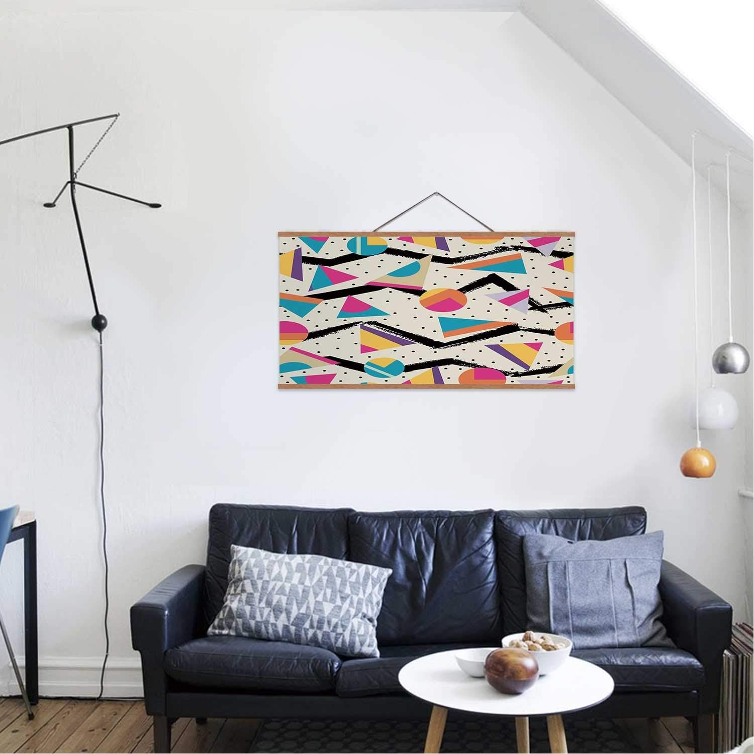 Hitecera Indie Poster Frames,Eighties Memphis Fashion Style Geometric Abstract Colorful Design with Dots Funky Delicate Magnetic Hanging Poster,24x12