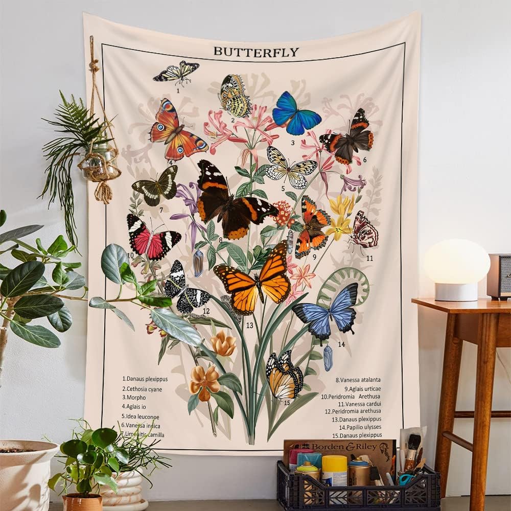 Tapestries - Butterfly Tapestry Flower Tapestries Vintage Vertical Floral Plant Tapestry Wall Hanging Colorful Identification Retro Art Aesthetic Wall Tapestry for Bedroom Dorm Living Room (Navy Blue, L:(36