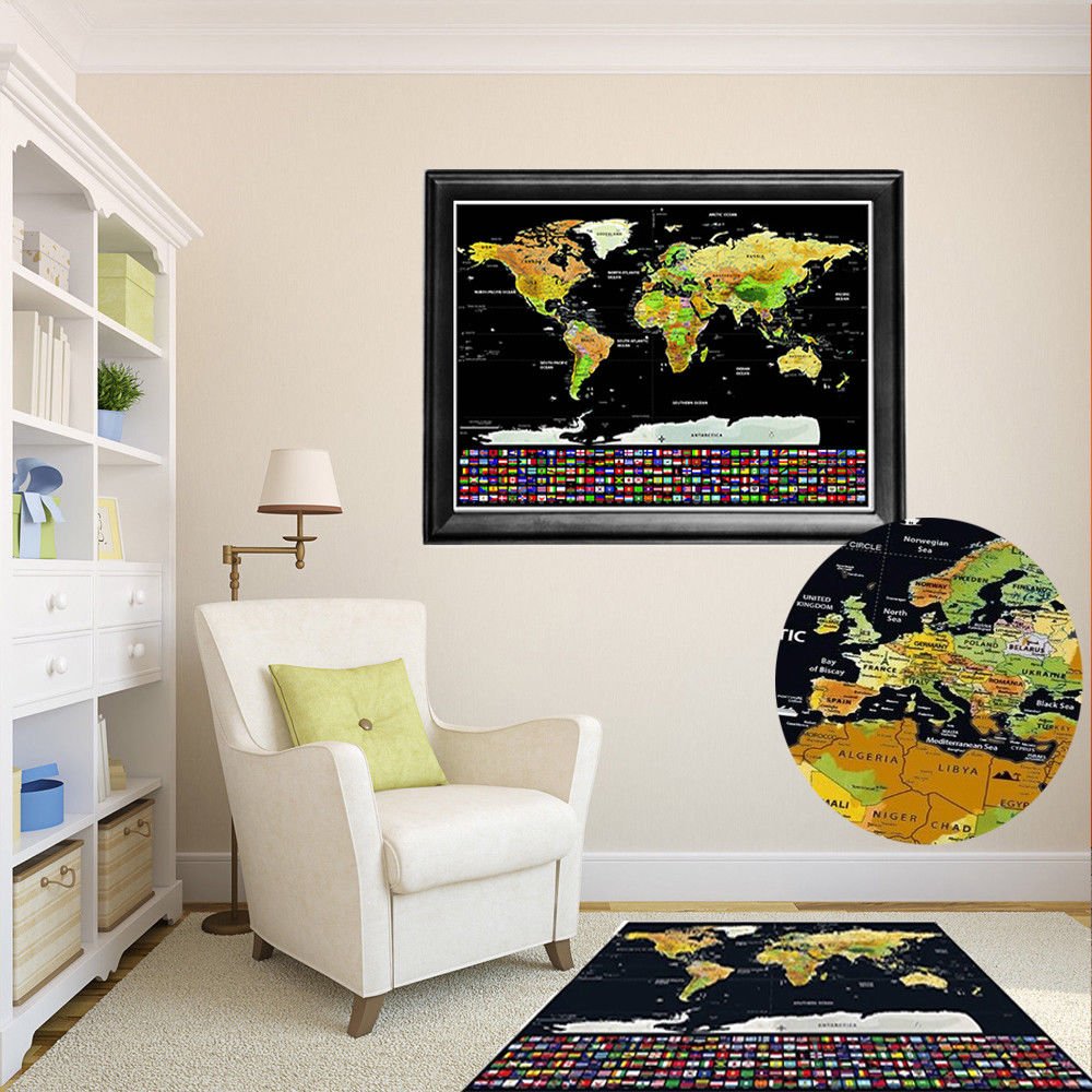 Scratch Map Art,Scratch off World Map,Interactive Travel Scratch Map Black and Gold Edition,Bright Colors Premium Artwork Poster for Home/Office Decor, Gift for Children Large 16.5 x 11.8 Inches (# 1)