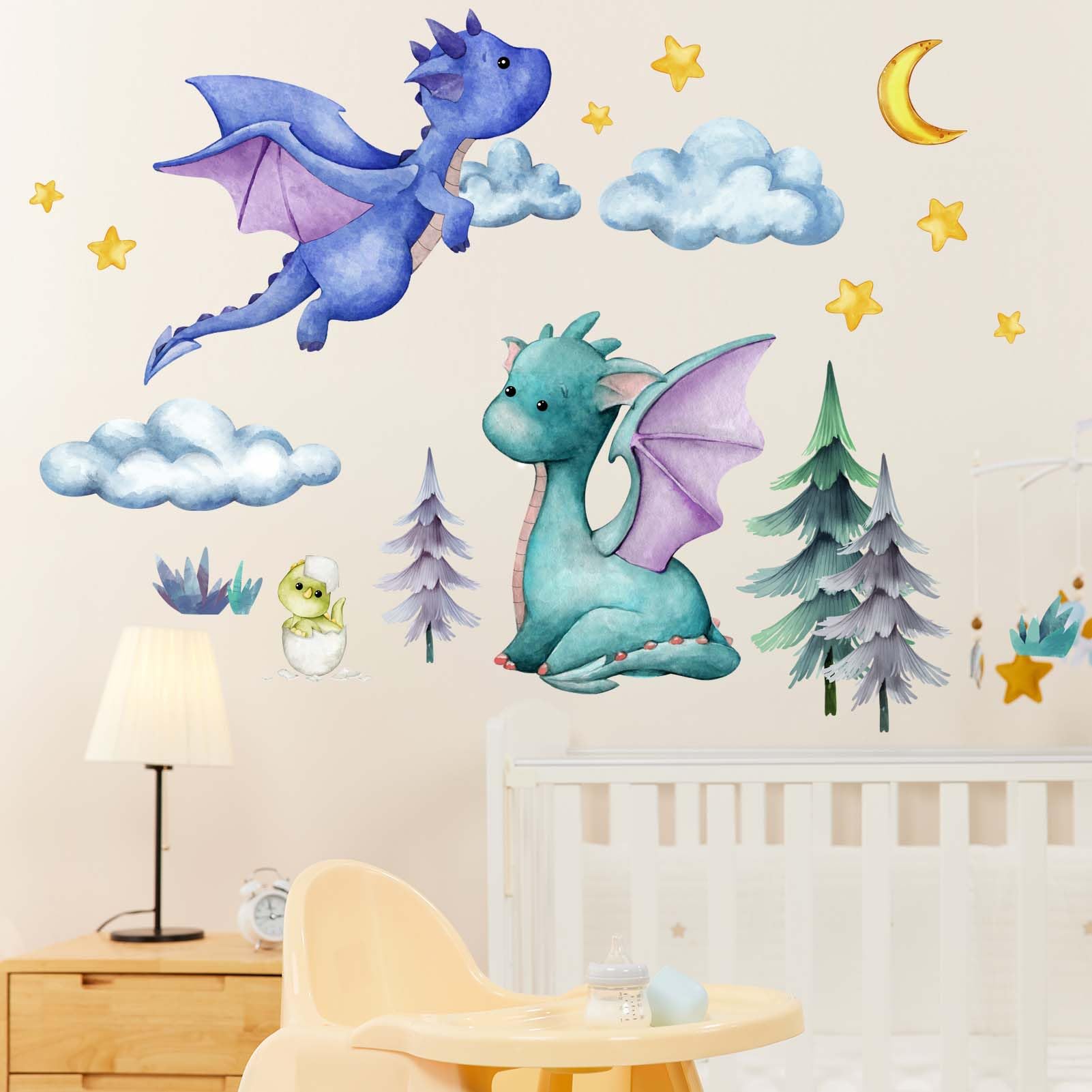 Baby Dragon Wall Stickers for Boys: Peel and Stick Cute Stars Clouds Tree Dragon Eggs Wall Decals - Wall Decor Art Kids Supplies Ages 1-12 Year