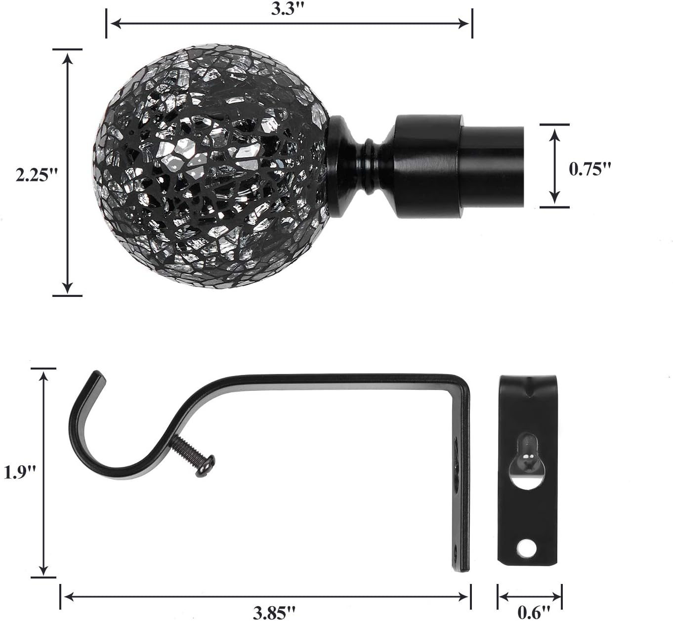 Coquilles Glass Mosaic Ball Finials Curtain Rod，3/4” Adjustable Curtain Rod，28-48 Inch，Black: Home & Kitchen