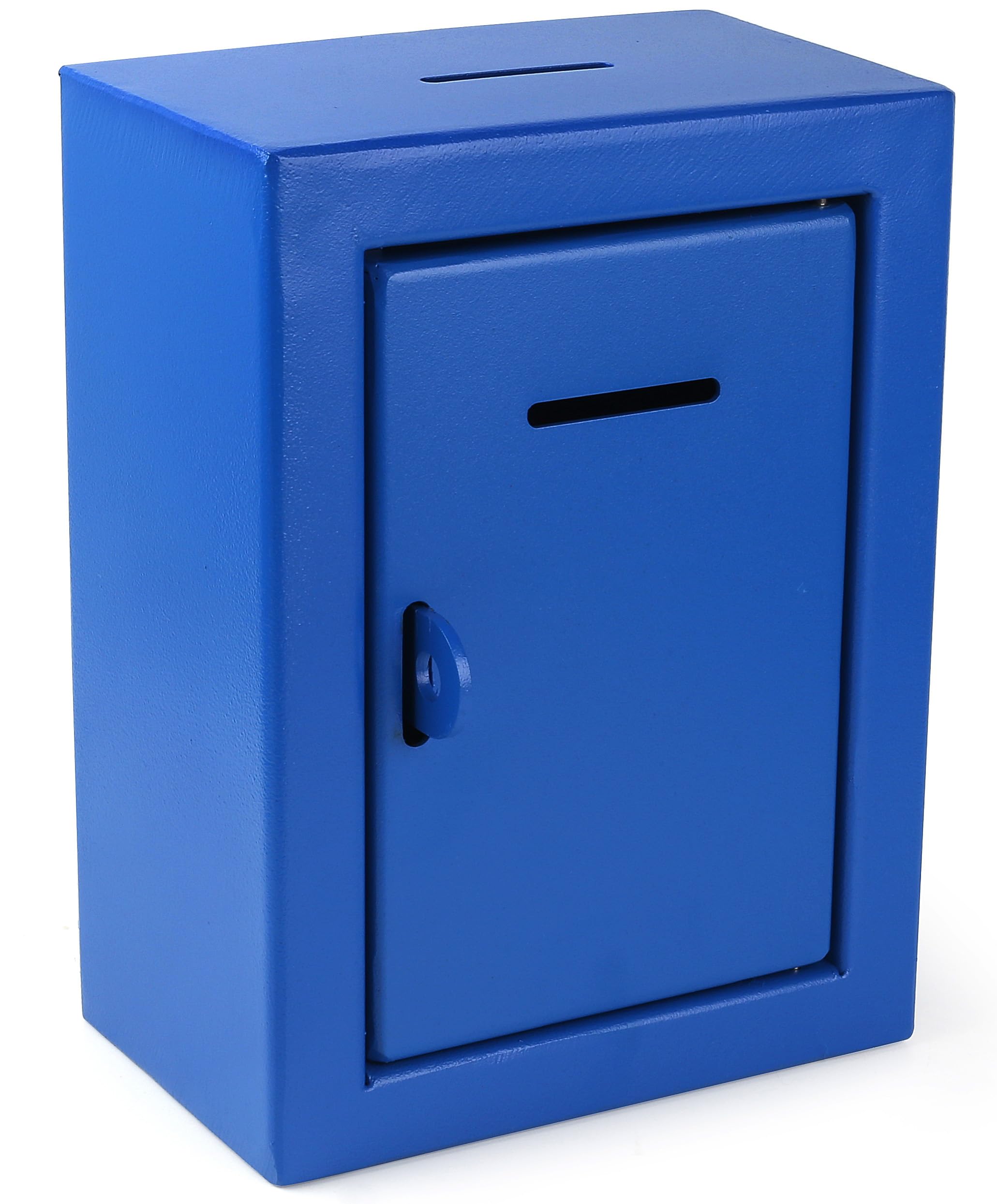 Metal Donation Box Charity Steel Collection ballot Box Office Suggestion Box Secure Box With Front and top Slot Easy Wall Mount with pre drilled holes 8.5x6.5x4" Drop Box for Home and Office(Blue)