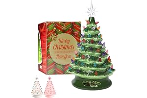 Green Ceramic Christmas Tree Prelit Christmas Decorations 13 inch Tabletop Winter Tree Décor with Multicolor Bulbs Star Toppe