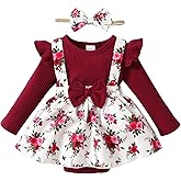 HIGHUZZA Baby Girl Winter Clothes Toddler Girl Spring Outfit Long Sleeve Ruffle Romper Suspender Skirt Headband Set