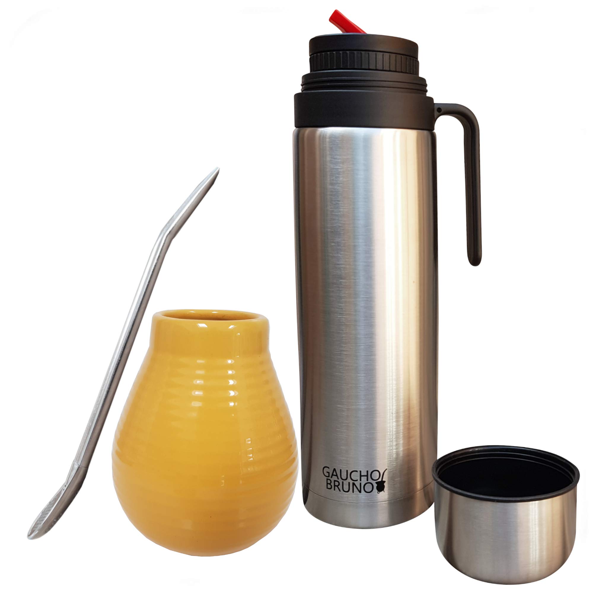 Gaucho Bruno Yerba Mate Cup, Straw, Flask Set - Ceramic Gourd Mug, Stainless Steel Bombilla Drinking Straws and 1 Litre Flask with Red Pouring Spout - Reusable Home and Travel Drinks Kit - Yellow