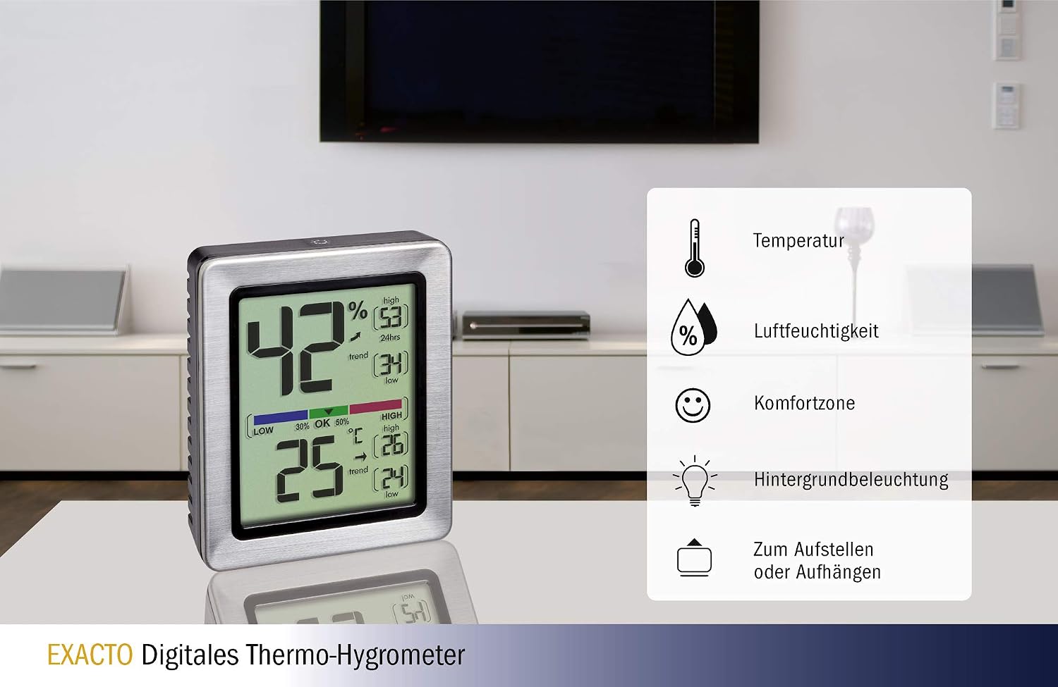 TFA Dostmann digital thermo-hygrometer Exacto, 30.5047.54, indoor, accurate temperature and humidity, incl precision sensor - Image 4