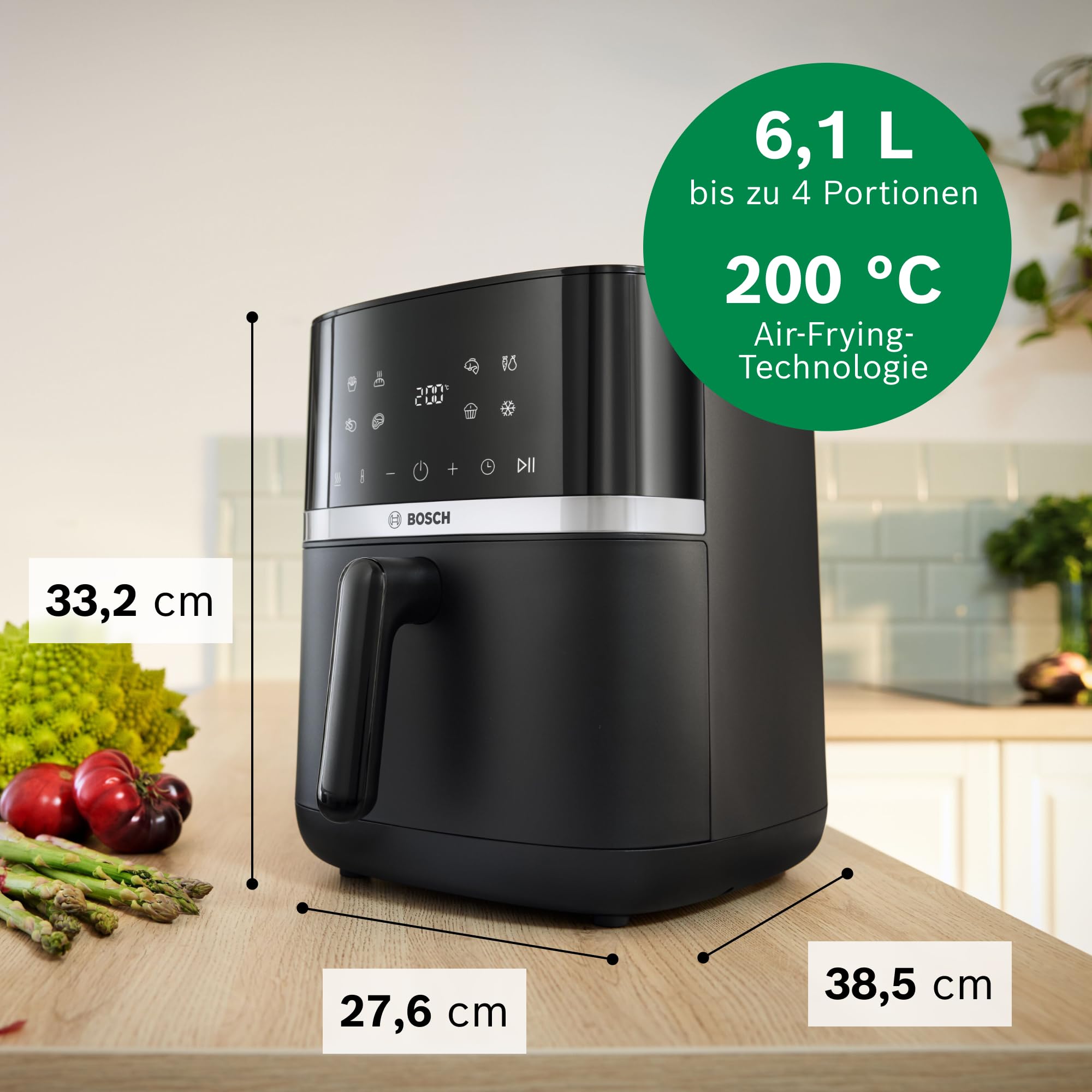 Bosch Heißluftfritteuse Serie 4, XL Air Fryer, schwarz, 6,1 L Fassungsvermögen, 7 Voreinstellungen, Auftau- und Warmhaltefunktion, Touchscreen, bis zu 60% schnelleres Kochen, MAF462B0 2