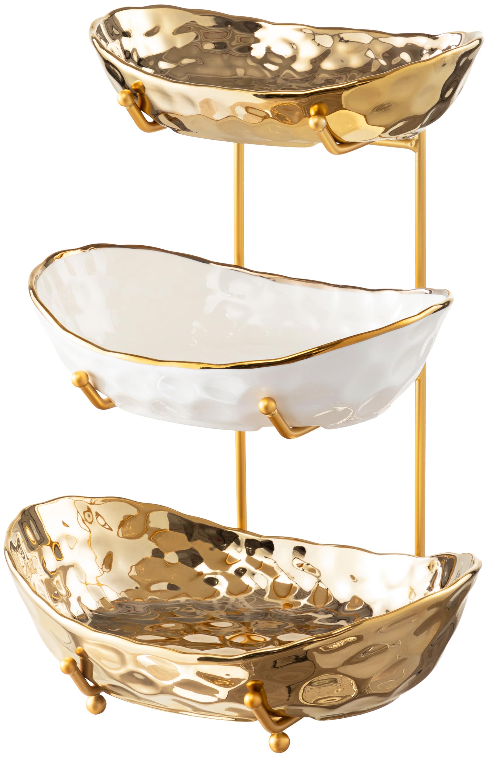 Photo 1 of HBlife Fruit Bowl for Kitchen Counter - 3 Tier Ceramic Fruit Bowl with Metal Stand, Tiered Fruit Basket for Kitchen Fruit Vegetable Storage, Snack, Dessert Tray Plate Rack for Party(Gold)