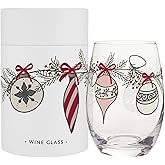Santa Barbara Design Studio Holiday Stemless Wine Glass with Gold Foil Accent and Gift Box, 17-Ounce, Ornaments