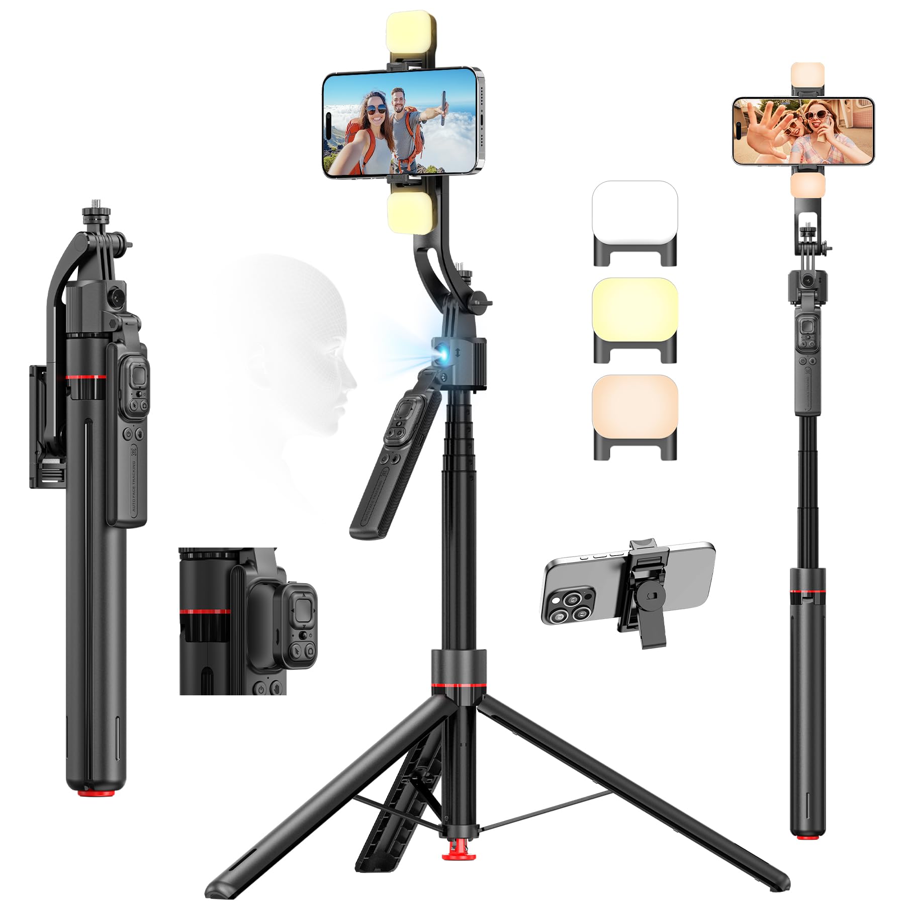 Photo 1 of Auto Face Tracking Phone Tripod One-Touch Open 69.3" Selfie Stick 360° Rotatable Tripod for iPhone with Fill Light & Remote Extendable Stand for Vlogging Live Streaming Video Recording Content Creator