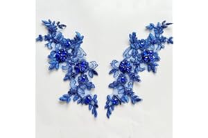 Zbroh Fine Lace Fabric Patches Embroidered Rhinestones Trim Applique Decor Dress Decoration sew on Sequins Beads Accessory one Pair (Blue 2)