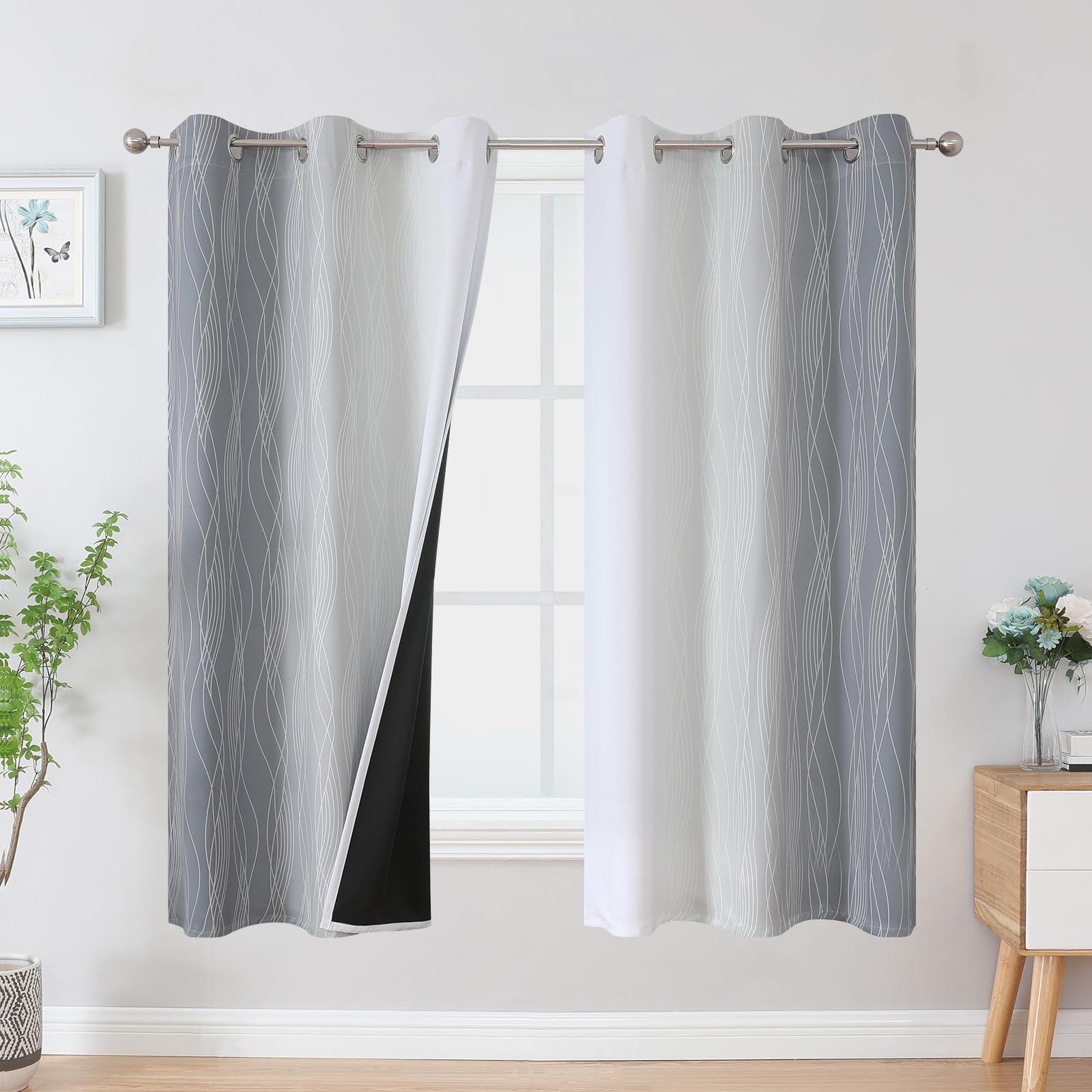 VEHEDE Ombre Blackout Curtains for Kids Bedroom Room, Thermal Insulated Noise Reducing Gradient Drapes 63 Inch Drop for Living Room, W42x L63 Inch, Grey and Greyish White, 2 Panels
